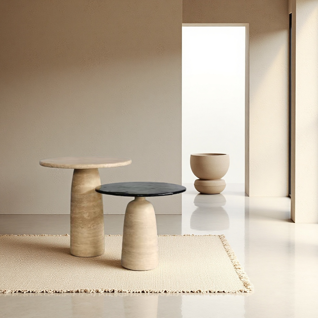 義式極簡 義大利米白洞石茶几組合 定制