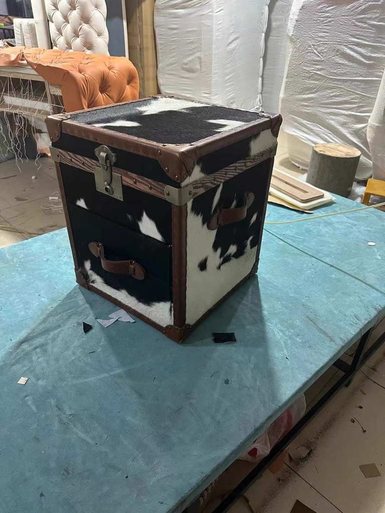 美式復古 奶牛皮 邊几 儲物櫃YFN-AD005