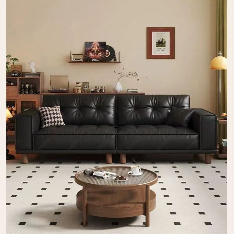 中古侘寂風 直排頭層黑色復古牛皮沙發 OL-1907#