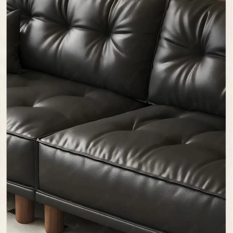 中古侘寂風 直排頭層黑色復古牛皮沙發 OL-1907#