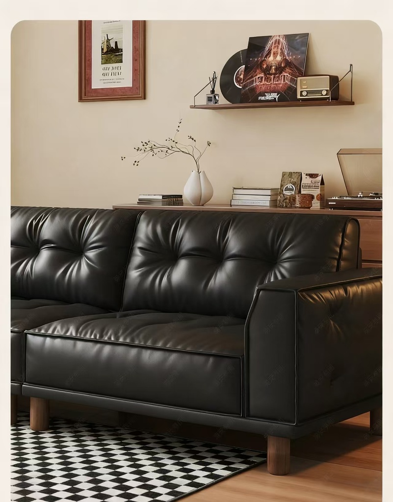 中古侘寂風 直排頭層黑色復古牛皮沙發 OL-1907#