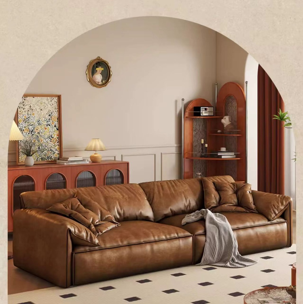 中古侘寂風 直排大象耳朵豆腐塊皮沙發 OL-山阁#