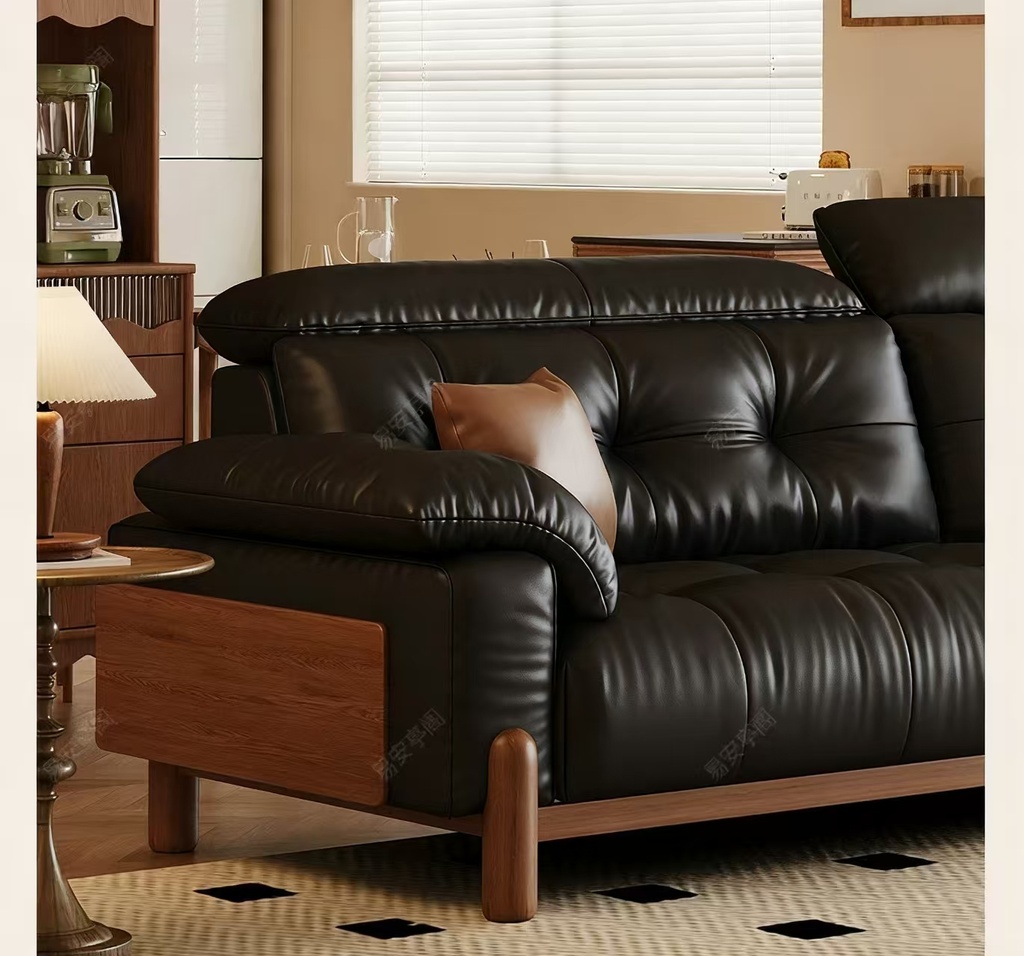 中古侘寂風 直排實木頭層牛皮沙發 OL-茗宁#