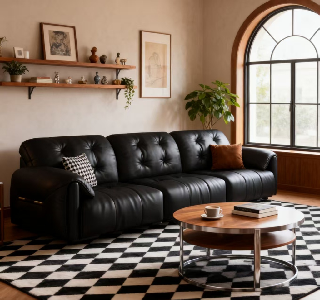 中古侘寂風 直排黑色雲朵頭層牛皮沙發 OL-8127#