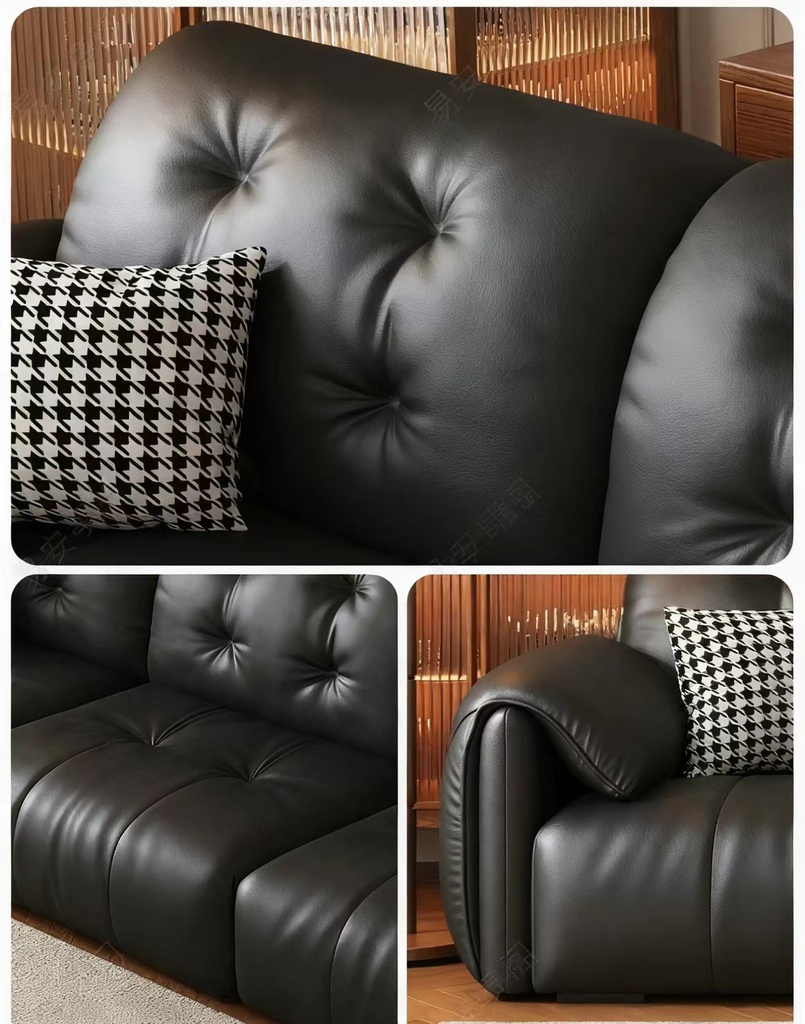 中古侘寂風 直排黑色雲朵頭層牛皮沙發 OL-8127#