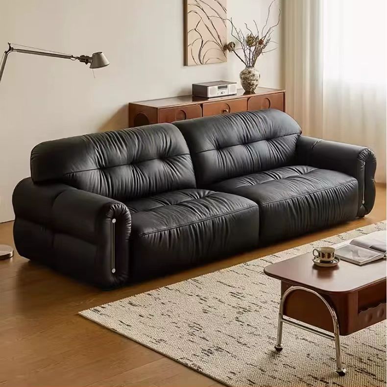 中古侘寂風 直排法式復古黑色皮沙發 OL-江度#