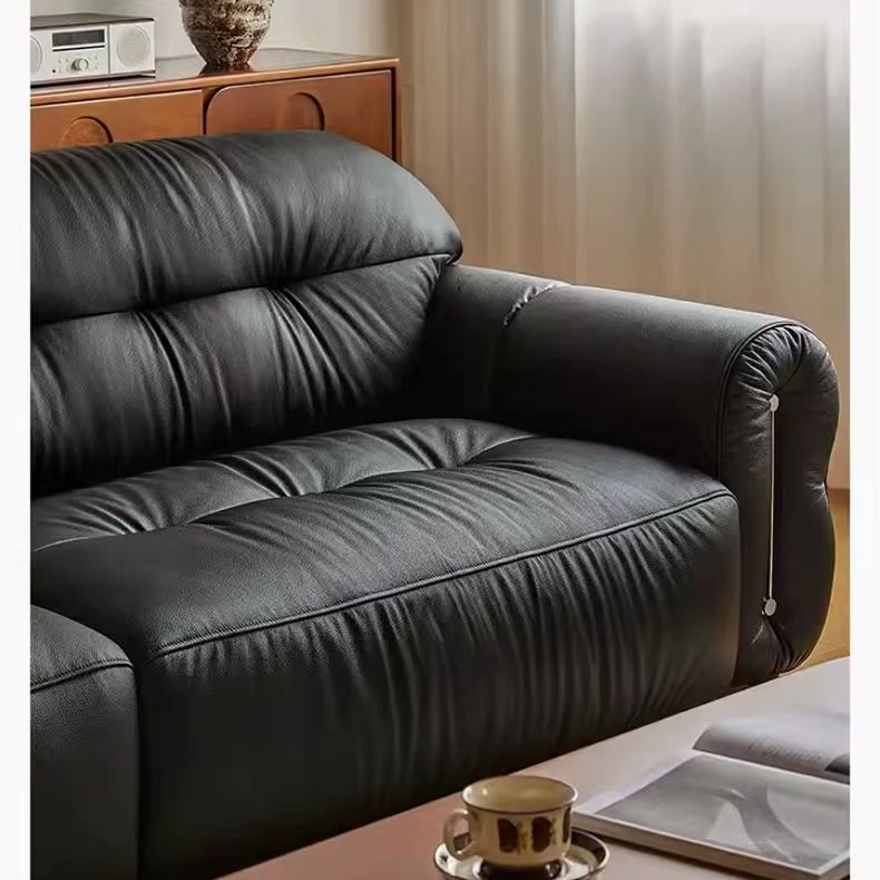 中古侘寂風 直排法式復古黑色皮沙發 OL-江度#