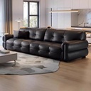 中古侘寂風 黑色矮腳直排雲朵皮沙發 OL-0711#