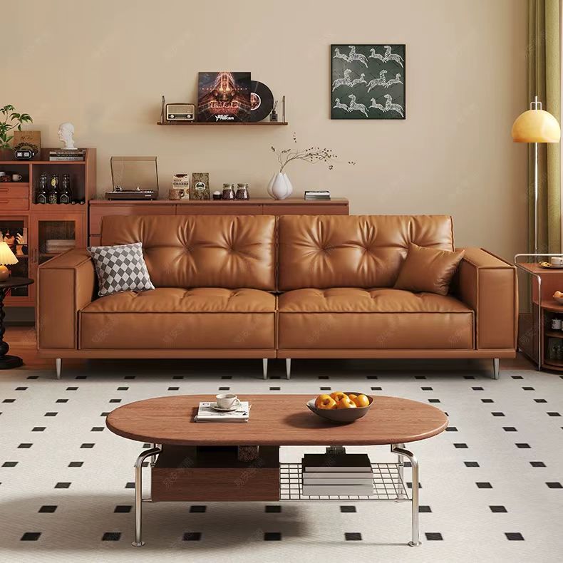 中古侘寂風 橙色復古直排頭層牛皮沙發 OL-1905#