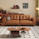 中古侘寂風 橙色復古直排頭層牛皮沙發 OL-1905#