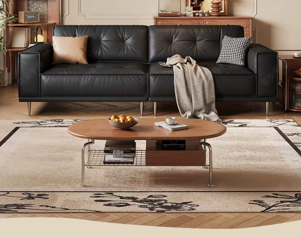 中古侘寂風 小戶型直排三人位黑色皮沙發 OL-1908#