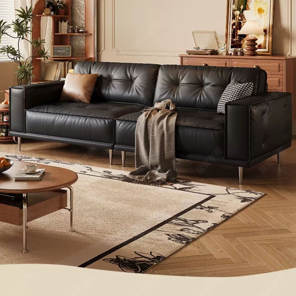 中古侘寂風 小戶型直排三人位黑色皮沙發 OL-1908#