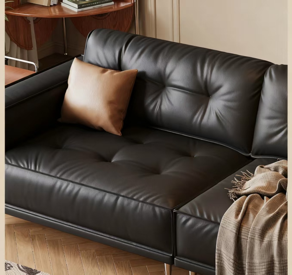 中古侘寂風 小戶型直排三人位黑色皮沙發 OL-1908#