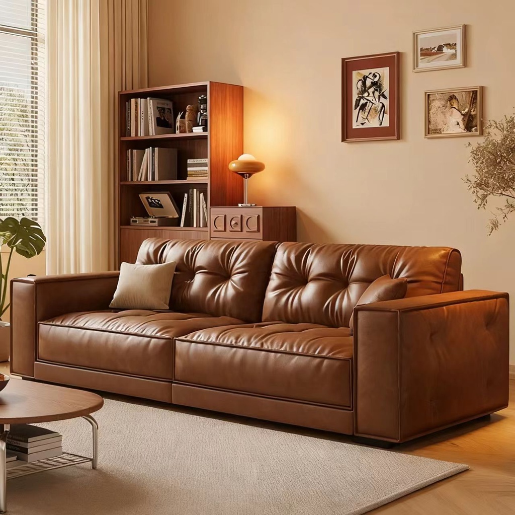 中古侘寂風 小戶型焦糖色直排油蠟皮沙發 OL-1955#