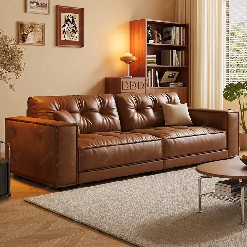 中古侘寂風 小戶型焦糖色直排油蠟皮沙發 OL-1955#