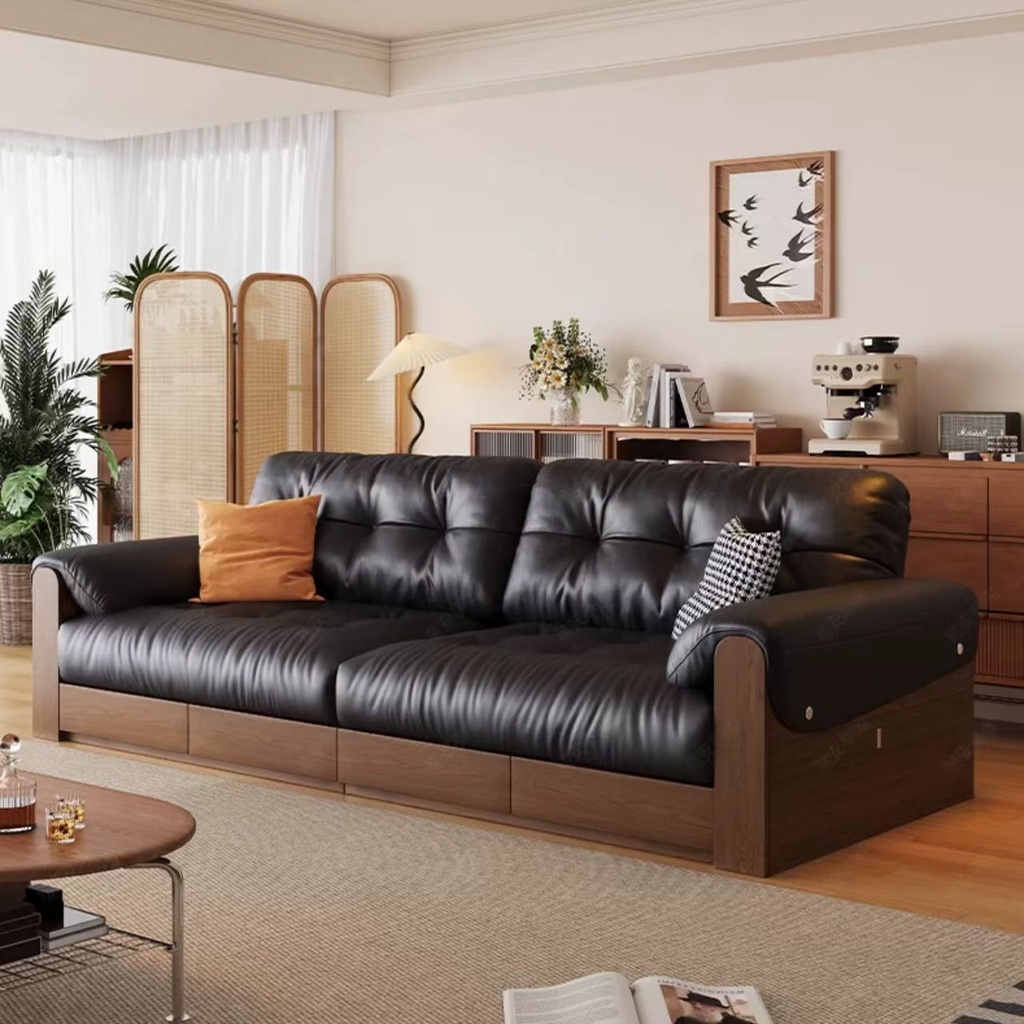 中古侘寂風 復古實木抽屜儲物真皮沙發 OL-清婉#