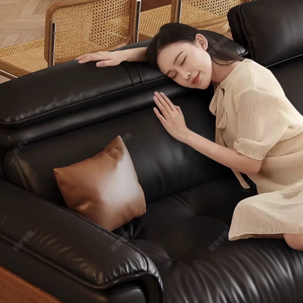 中古侘寂風 黑色三人位直排頭層牛皮沙發 OL-云溪#