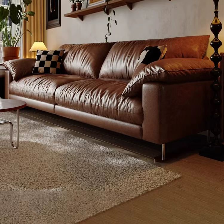 中古侘寂風 焦糖色高腳直排頭層牛皮沙發 OL-米克#