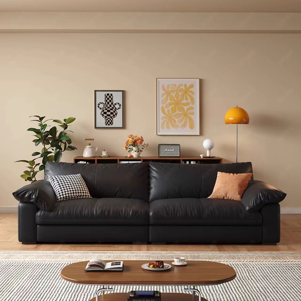 義式極簡風 小戶型黑色復古頭層牛皮沙發 OL-子规#