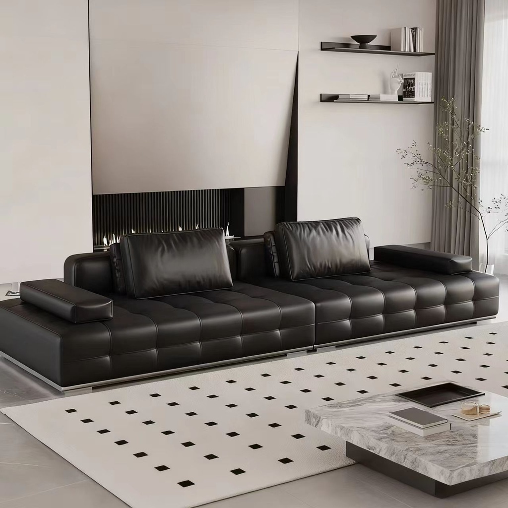 義式極簡風 黑色直排頭層牛皮組合沙發 OL-劳伦斯#