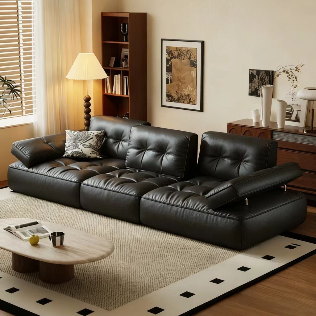 中古侘寂風 可移動調節靠背豆腐塊直排皮沙發 OL-916#