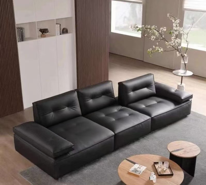 中古侘寂風 可移動調節靠背豆腐塊直排皮沙發 OL-916#