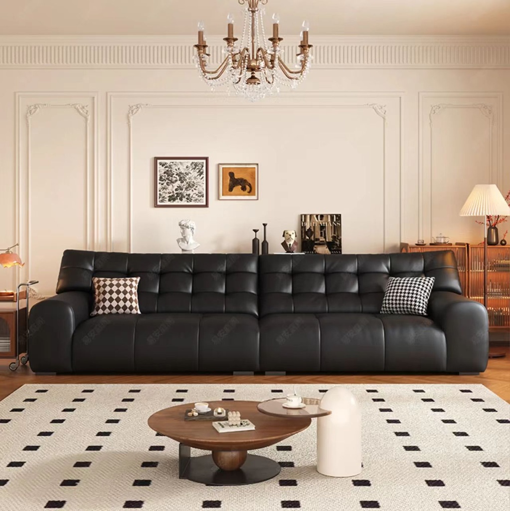 義式極簡風 三人位直排黑色頭層牛皮沙發 OL-大黑熊#
