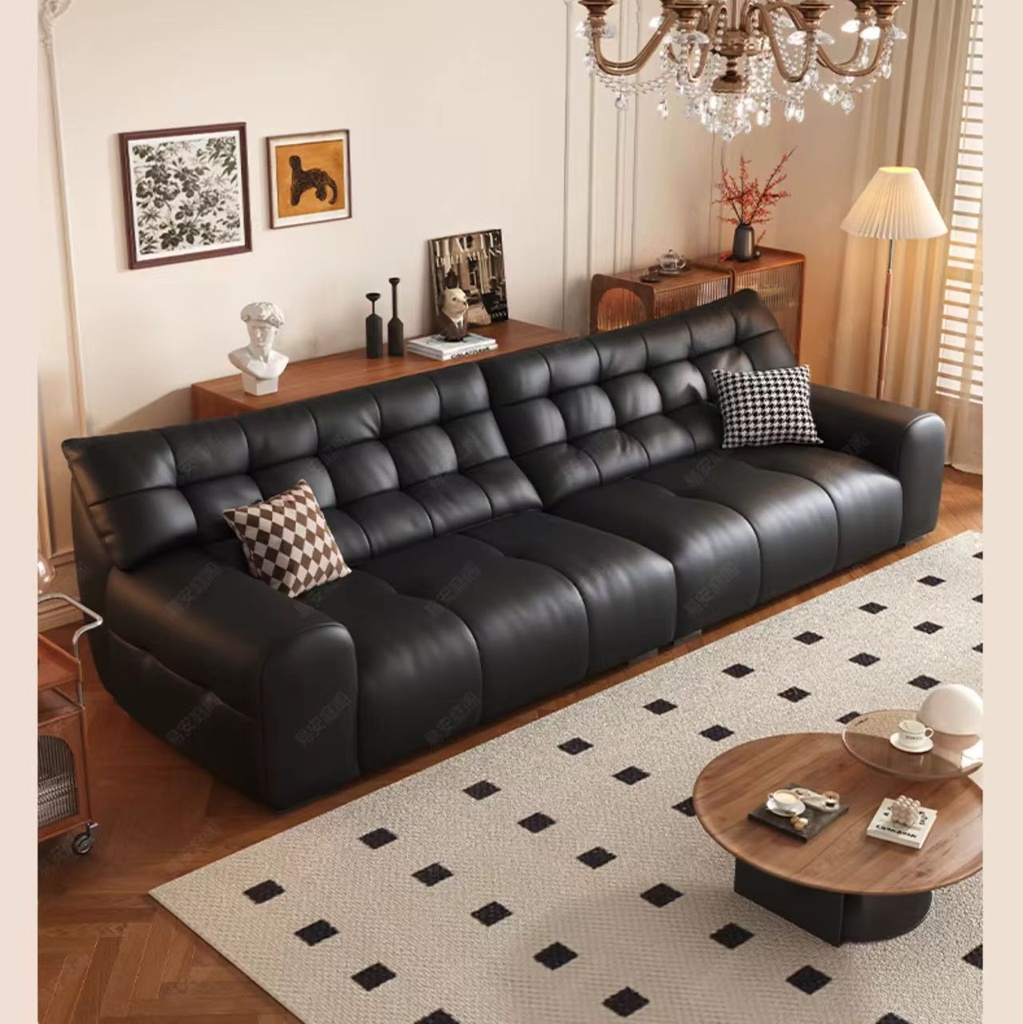 義式極簡風 三人位直排黑色頭層牛皮沙發 OL-大黑熊#