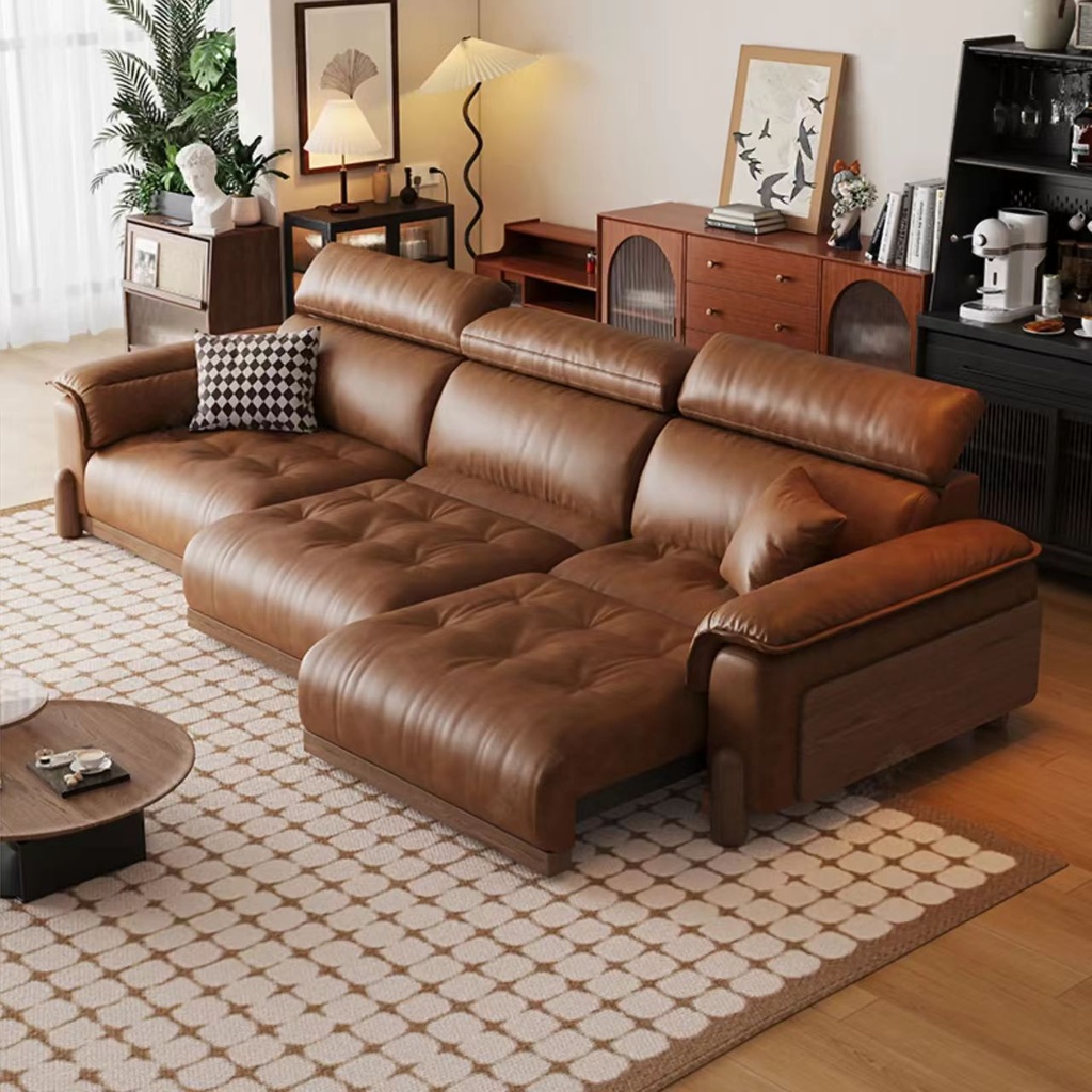 中古侘寂風 可調節頭枕多功能伸縮油蠟皮沙發 OL-基姆#