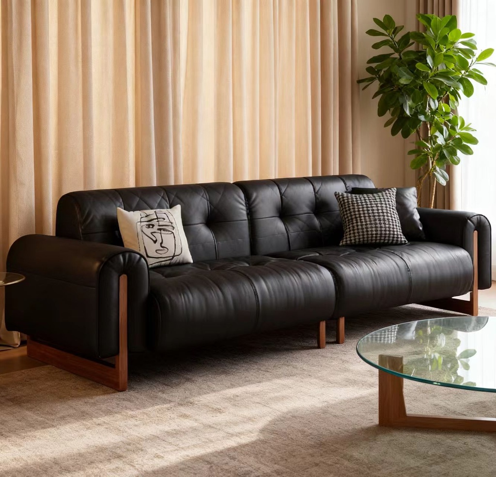 中古侘寂風 直排小戶型實木黑色真皮沙发 OL-御爵#