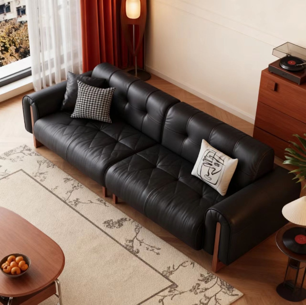 中古侘寂風 直排小戶型實木黑色真皮沙发 OL-御爵#