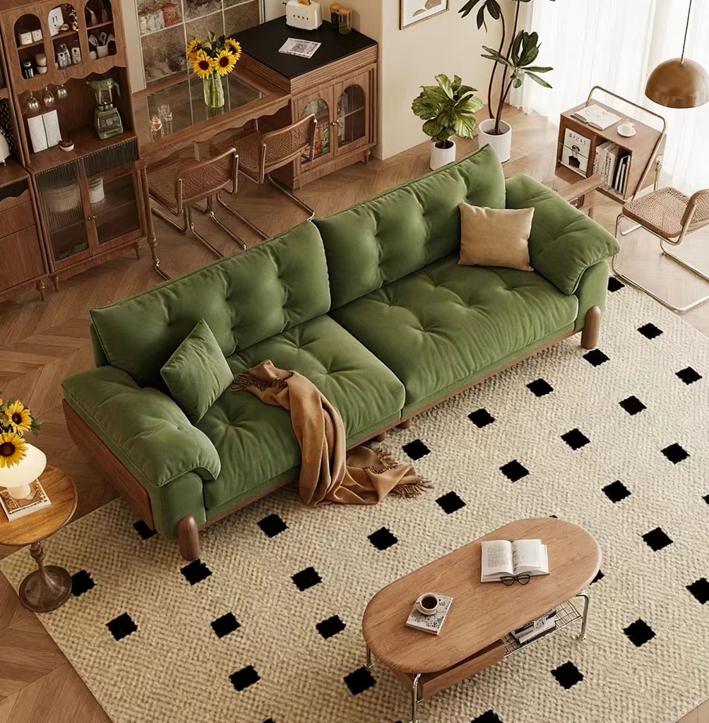 中古侘寂風 綠色直排實木雲朵貓抓布沙發 OL-YM502#