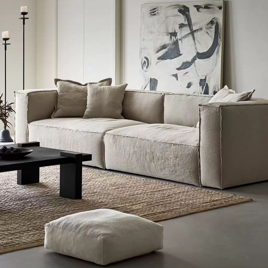 中古侘寂風 羽絨可拆洗棉麻豆腐塊布沙發 OL-柳岸#