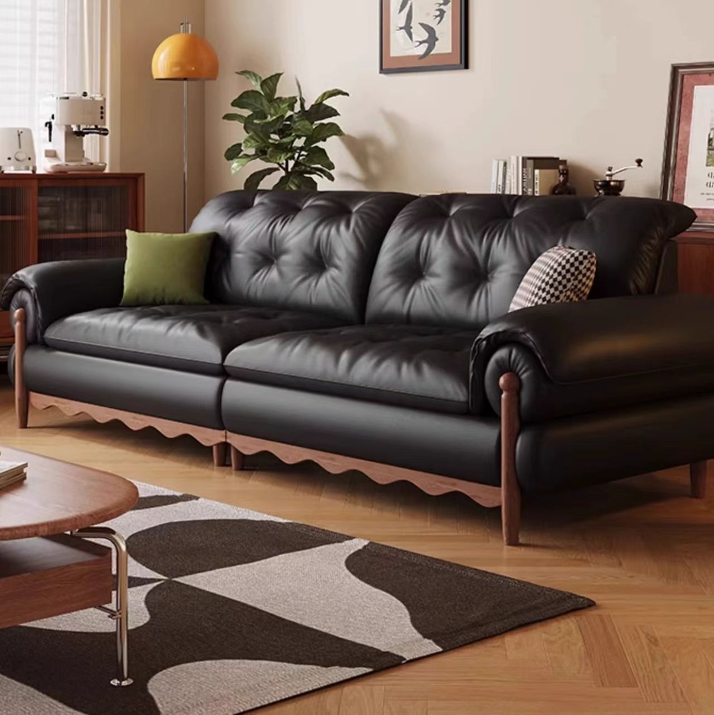 義式極簡風 小戶型直排黑色頭層牛皮沙發 OL-喬恩#