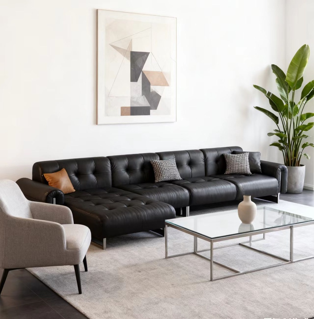 義式極簡風 直排黑色頭層牛皮沙發 OL-伯爵#