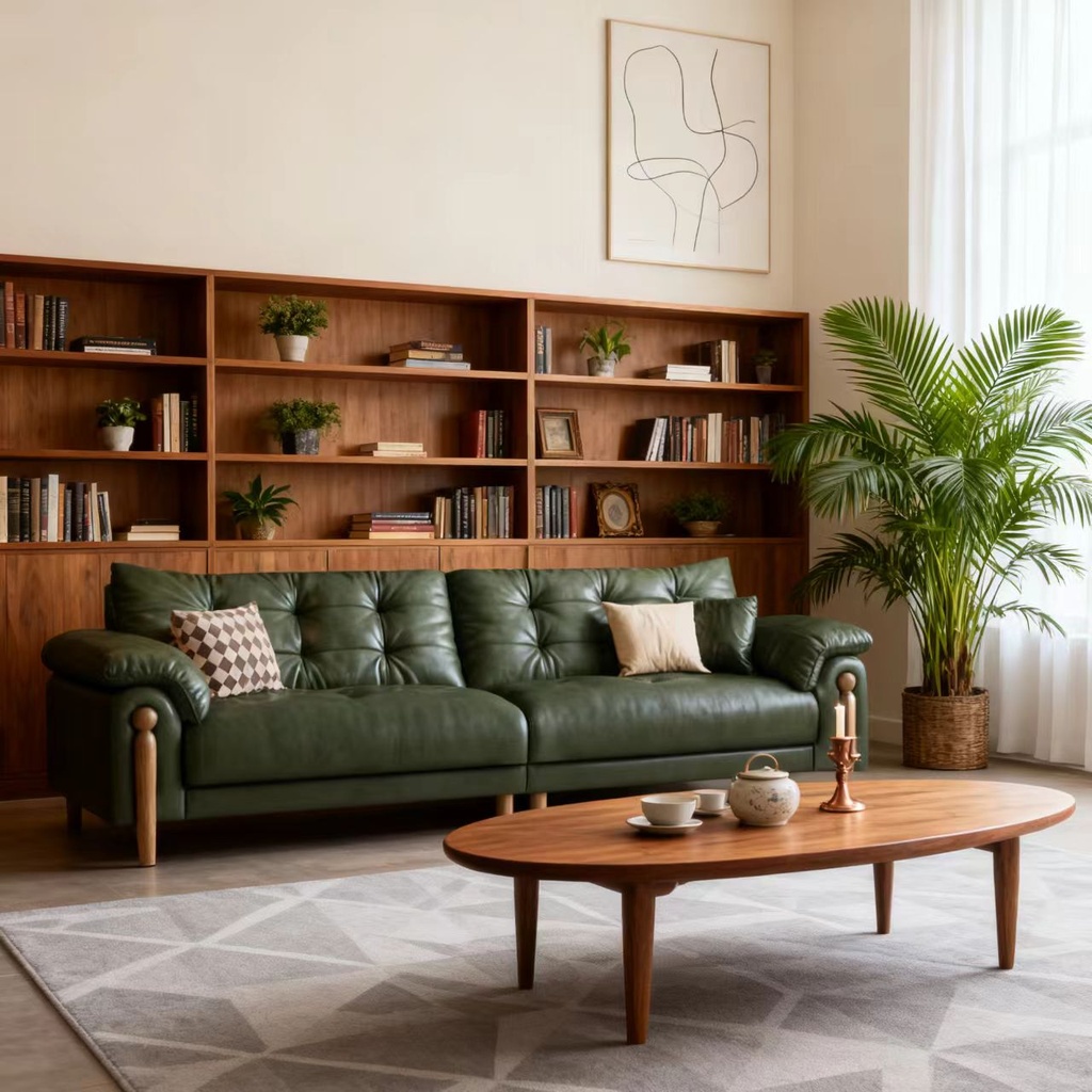 中古侘寂風 綠色直排雲朵油蠟皮沙發 OL-幻思#