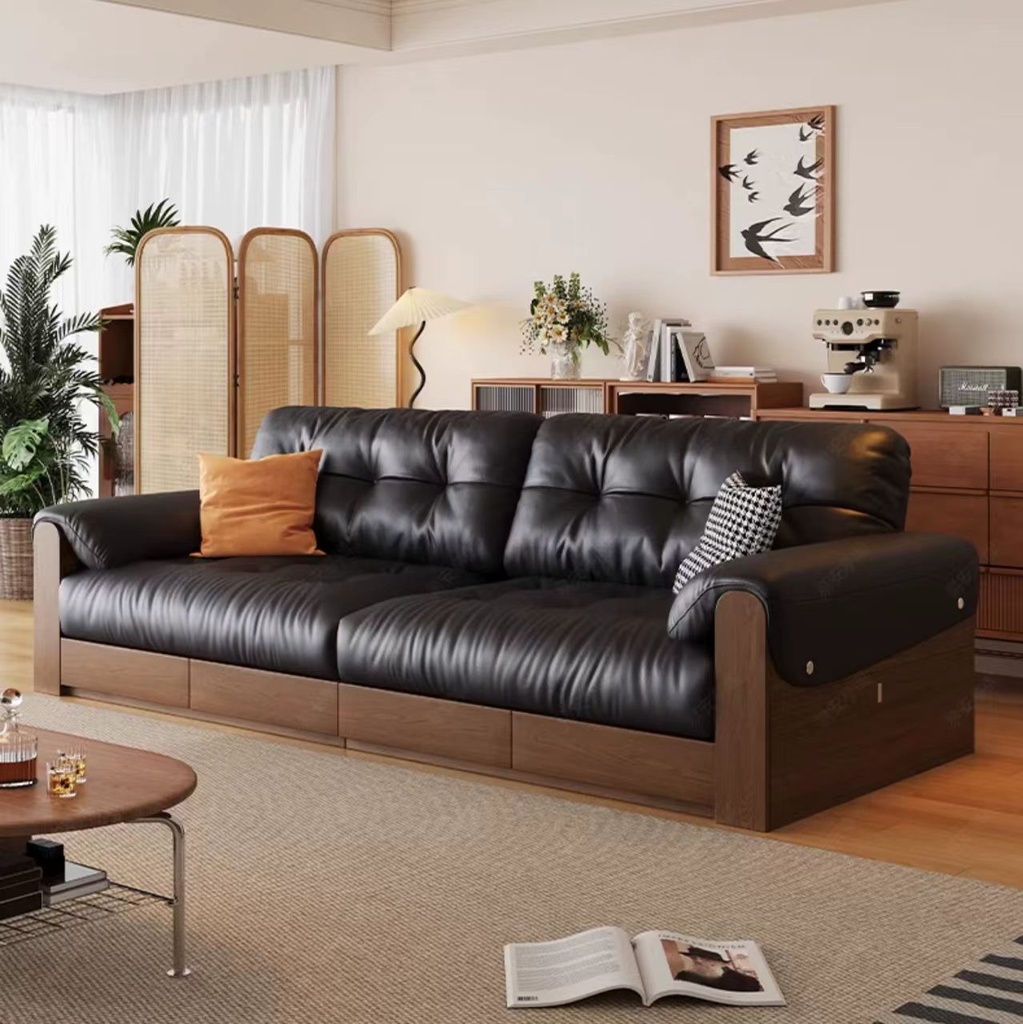 中古侘寂風 地台胡桃色實木抽屜儲物皮沙發 OL-星瀾#