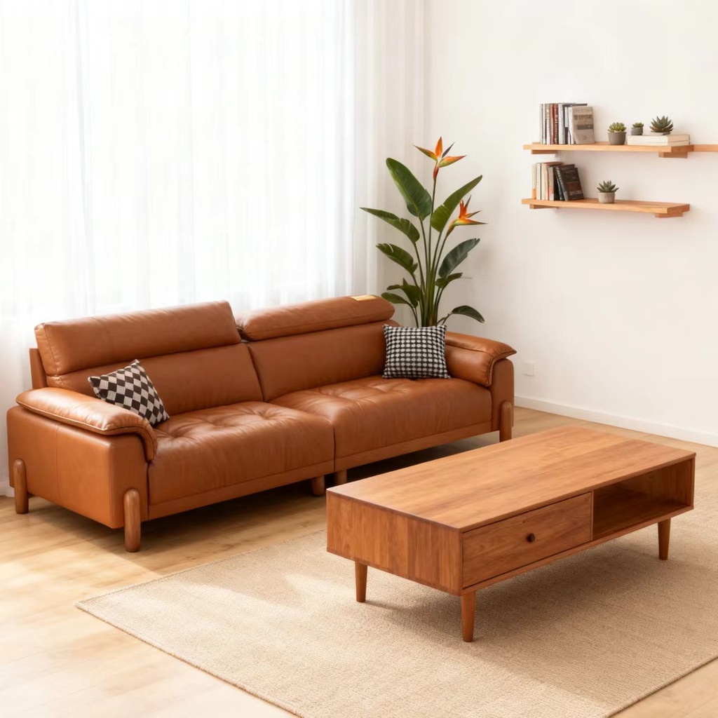 義式極簡風 直排小戶型橙色頭層牛皮沙發 OL-3389#