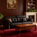 中古侘寂風 直排黑色實木頭層牛皮沙發 OL-茗廳#