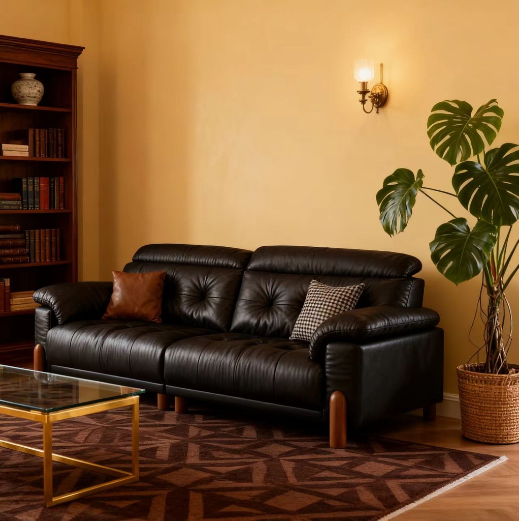 中古侘寂風 直排黑色實木頭層牛皮沙發 OL-茗廳#