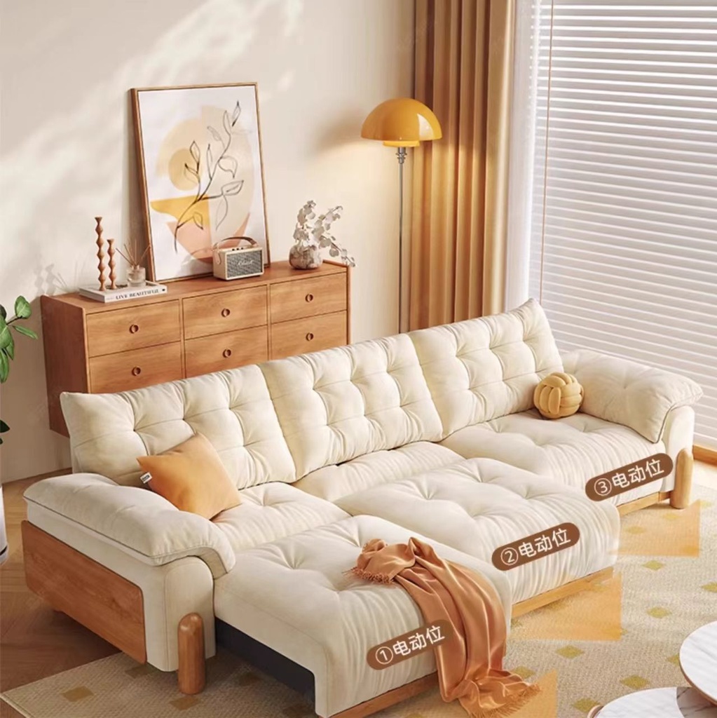 中古侘寂風 直排奶油多功能伸縮電動布沙發 OL-黎夏#