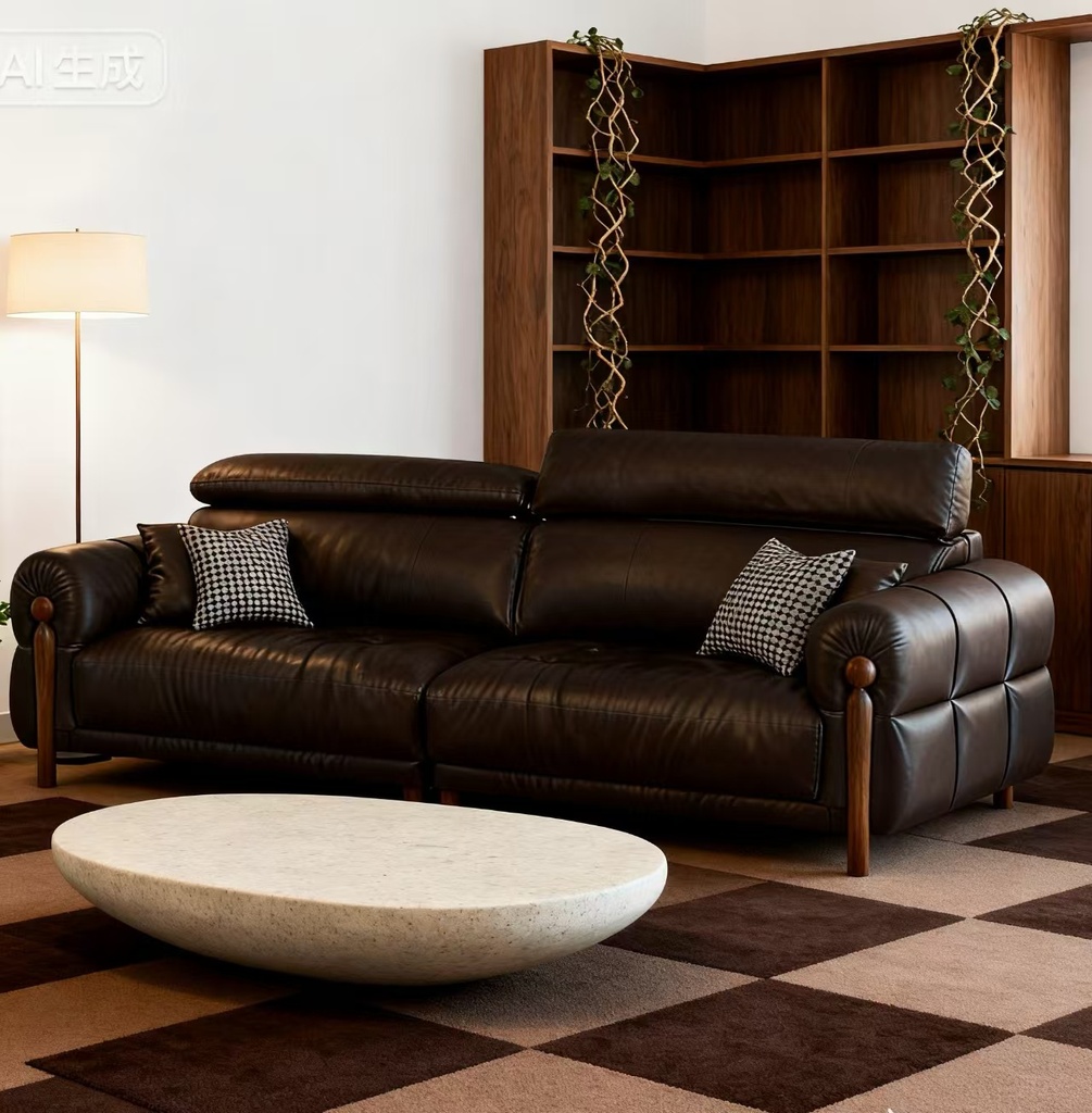 中古侘寂風 小戶型直排黑色頭層牛皮沙發 OL-憐玉#