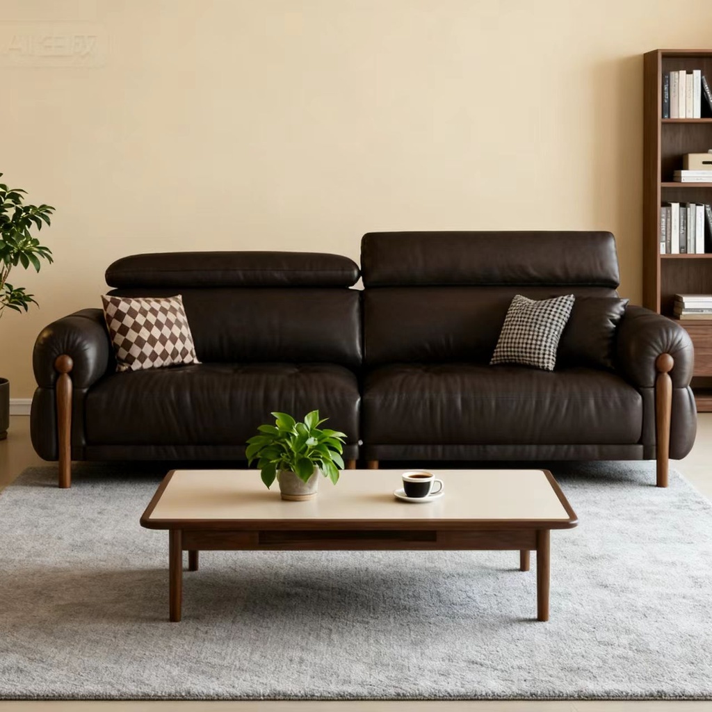 中古侘寂風 小戶型直排黑色頭層牛皮沙發 OL-憐玉#