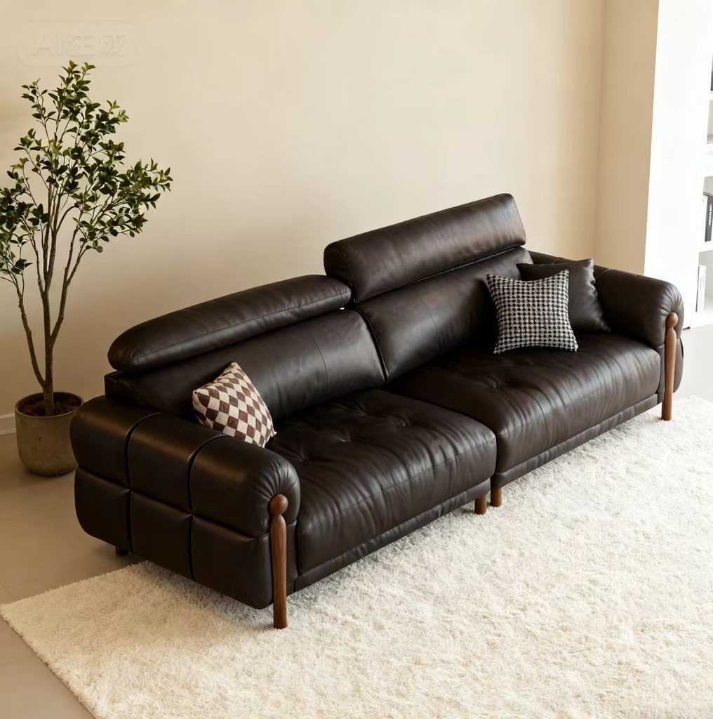 中古侘寂風 小戶型直排黑色頭層牛皮沙發 OL-憐玉#