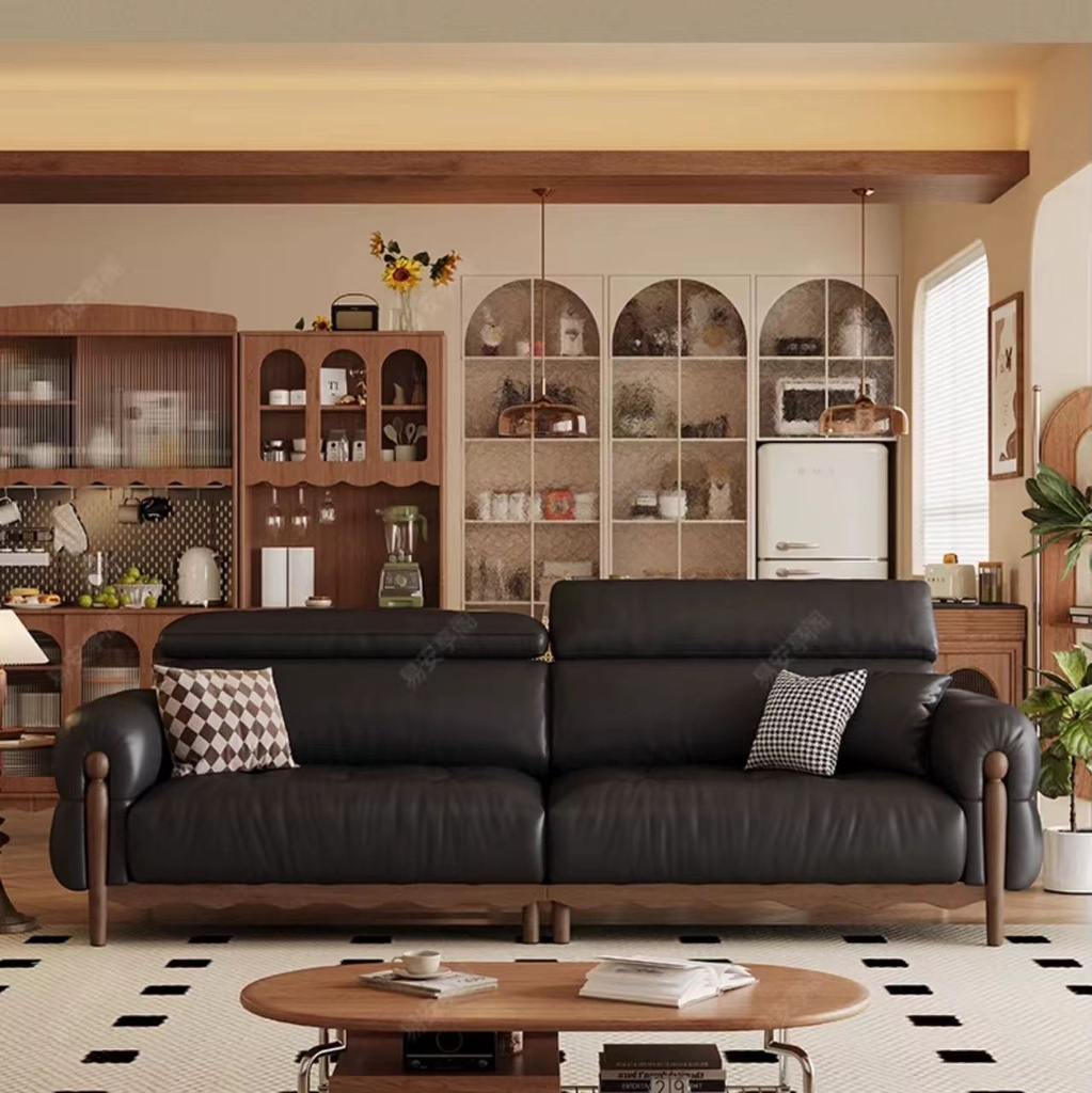 中古侘寂風 直排小戶型黑色頭層牛皮沙發 OL-憐香#