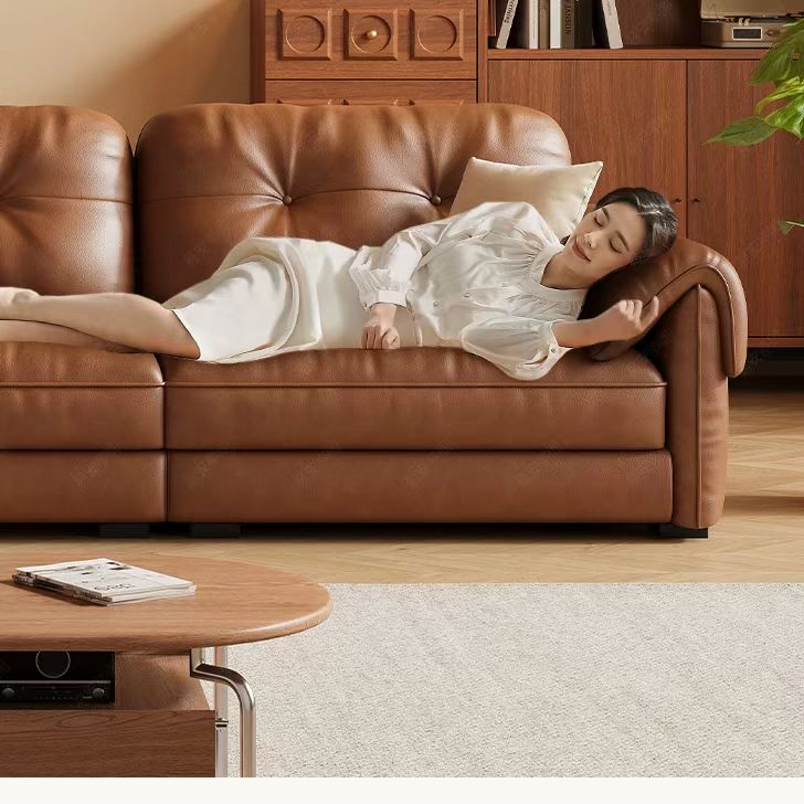 中古侘寂風 可調節伸縮焦糖色直排頭層牛皮沙發 OL-子期#