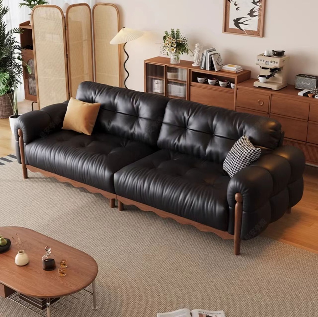 中古侘寂風 小戶型直排黑色頭層牛皮沙發 OL-德米#