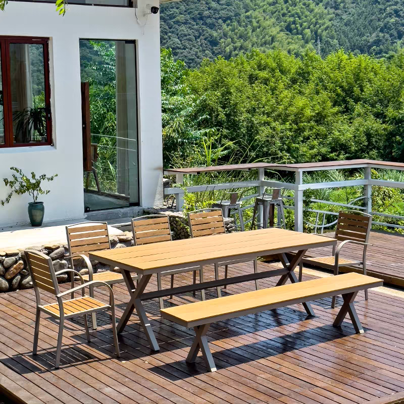 戶外桌椅 鋁材 木紋色面長桌FBL-SY-A07