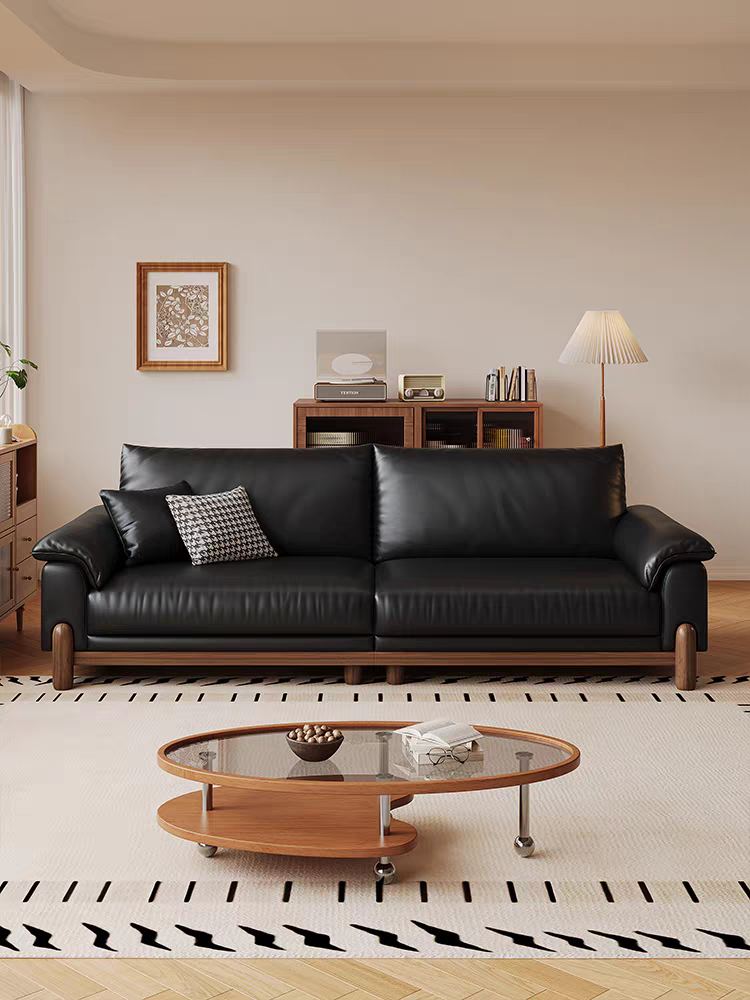 義式極簡風 小戶型直排黑色頭層真皮沙發 OL-齊秋#