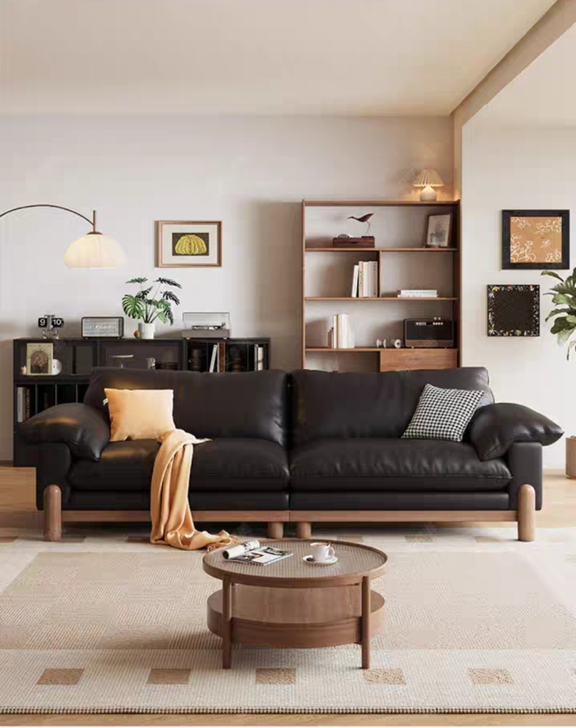 義式極簡風 小戶型直排黑色頭層真皮沙發 OL-齊秋#